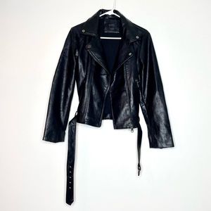 Elodie Black Faux Leather Belted Jacket- Size: Medium